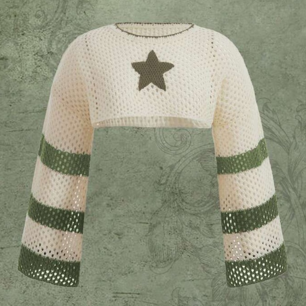 ROMWE Cream and Green Knit Crop Top